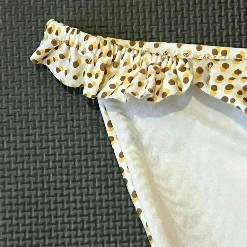 Aerie Bikini Bottom Women Small Cream Brown Dot Pattern Ruffle Full Coverage NWT